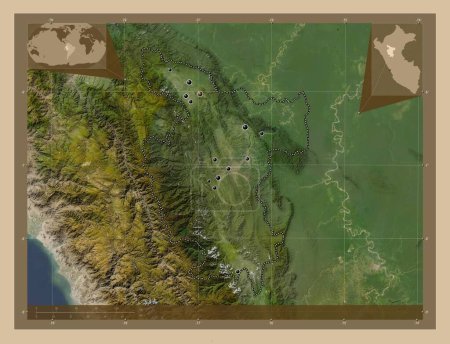 Téléchargez les photos : San Martin, region of Peru. Low resolution satellite map. Locations of major cities of the region. Corner auxiliary location maps - en image libre de droit