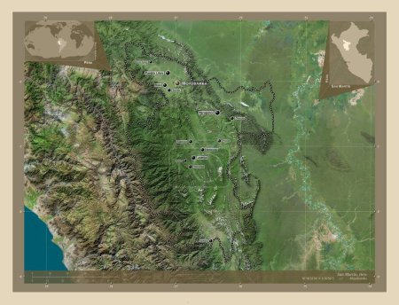 Téléchargez les photos : San Martin, region of Peru. High resolution satellite map. Locations and names of major cities of the region. Corner auxiliary location maps - en image libre de droit