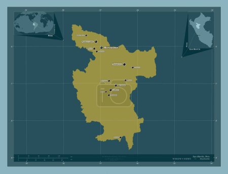 Téléchargez les photos : San Martin, region of Peru. Solid color shape. Locations and names of major cities of the region. Corner auxiliary location maps - en image libre de droit