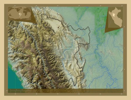 Téléchargez les photos : San Martin, region of Peru. Colored elevation map with lakes and rivers. Corner auxiliary location maps - en image libre de droit