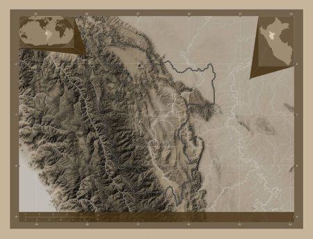 Téléchargez les photos : San Martin, region of Peru. Elevation map colored in sepia tones with lakes and rivers. Corner auxiliary location maps - en image libre de droit