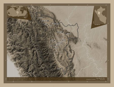 Téléchargez les photos : San Martin, region of Peru. Elevation map colored in sepia tones with lakes and rivers. Locations and names of major cities of the region. Corner auxiliary location maps - en image libre de droit