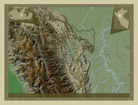 Téléchargez les photos : San Martin, region of Peru. Elevation map colored in wiki style with lakes and rivers. Locations of major cities of the region. Corner auxiliary location maps - en image libre de droit