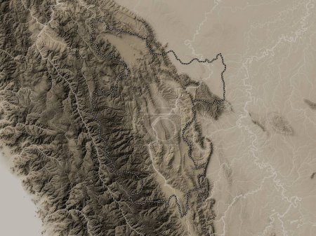 Téléchargez les photos : San Martin, region of Peru. Elevation map colored in sepia tones with lakes and rivers - en image libre de droit