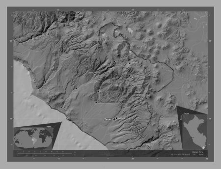 Foto de Tacna, region of Peru. Bilevel elevation map with lakes and rivers. Locations and names of major cities of the region. Corner auxiliary location maps - Imagen libre de derechos