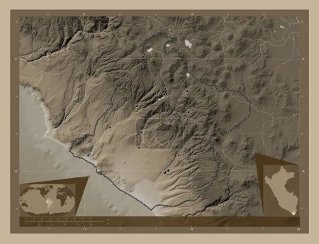 Foto de Tacna, region of Peru. Elevation map colored in sepia tones with lakes and rivers. Locations of major cities of the region. Corner auxiliary location maps - Imagen libre de derechos