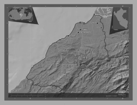 Photo for Tumbes, region of Peru. Bilevel elevation map with lakes and rivers. Locations and names of major cities of the region. Corner auxiliary location maps - Royalty Free Image