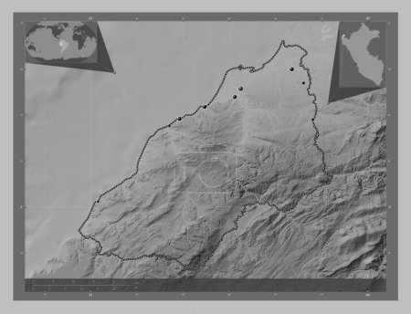 Foto de Tumbes, region of Peru. Grayscale elevation map with lakes and rivers. Locations of major cities of the region. Corner auxiliary location maps - Imagen libre de derechos