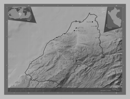 Foto de Tumbes, region of Peru. Grayscale elevation map with lakes and rivers. Locations and names of major cities of the region. Corner auxiliary location maps - Imagen libre de derechos