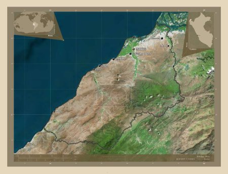 Foto de Tumbes, region of Peru. High resolution satellite map. Locations and names of major cities of the region. Corner auxiliary location maps - Imagen libre de derechos