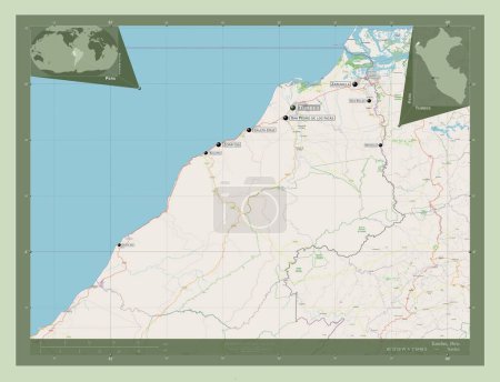 Foto de Tumbes, region of Peru. Open Street Map. Locations and names of major cities of the region. Corner auxiliary location maps - Imagen libre de derechos
