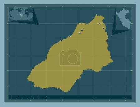 Foto de Tumbes, region of Peru. Solid color shape. Locations of major cities of the region. Corner auxiliary location maps - Imagen libre de derechos