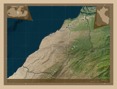 Foto de Tumbes, region of Peru. Low resolution satellite map. Locations and names of major cities of the region. Corner auxiliary location maps - Imagen libre de derechos
