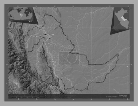 Téléchargez les photos : Ucayali, region of Peru. Bilevel elevation map with lakes and rivers. Locations and names of major cities of the region. Corner auxiliary location maps - en image libre de droit