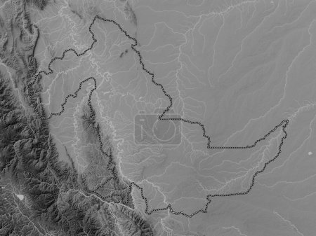 Téléchargez les photos : Ucayali, region of Peru. Grayscale elevation map with lakes and rivers - en image libre de droit