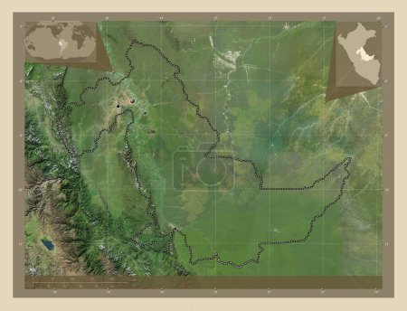 Téléchargez les photos : Ucayali, region of Peru. High resolution satellite map. Locations of major cities of the region. Corner auxiliary location maps - en image libre de droit