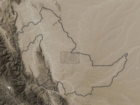 Foto de Ucayali, region of Peru. Elevation map colored in sepia tones with lakes and rivers - Imagen libre de derechos