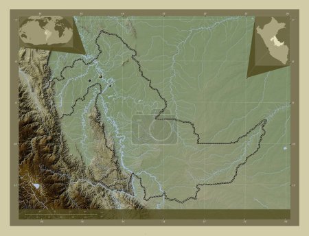 Photo for Ucayali, region of Peru. Elevation map colored in wiki style with lakes and rivers. Locations of major cities of the region. Corner auxiliary location maps - Royalty Free Image