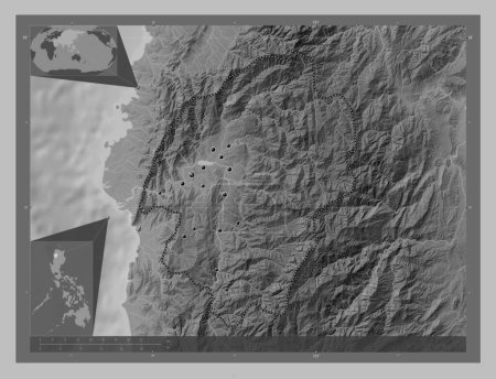 Foto de Abra, province of Philippines. Grayscale elevation map with lakes and rivers. Locations of major cities of the region. Corner auxiliary location maps - Imagen libre de derechos