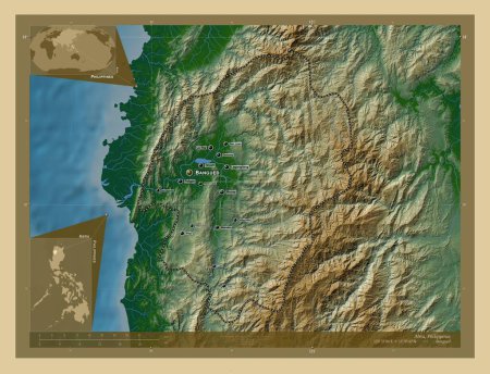 Foto de Abra, province of Philippines. Colored elevation map with lakes and rivers. Locations and names of major cities of the region. Corner auxiliary location maps - Imagen libre de derechos