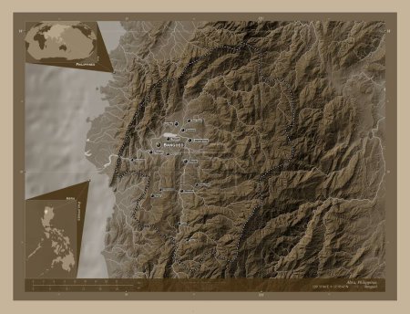 Foto de Abra, province of Philippines. Elevation map colored in sepia tones with lakes and rivers. Locations and names of major cities of the region. Corner auxiliary location maps - Imagen libre de derechos