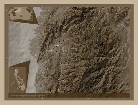 Téléchargez les photos : Abra, province of Philippines. Elevation map colored in sepia tones with lakes and rivers. Locations of major cities of the region. Corner auxiliary location maps - en image libre de droit