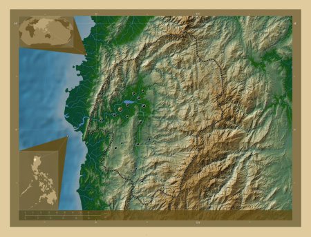 Téléchargez les photos : Abra, province of Philippines. Colored elevation map with lakes and rivers. Locations of major cities of the region. Corner auxiliary location maps - en image libre de droit