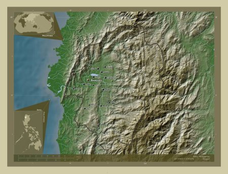 Foto de Abra, province of Philippines. Elevation map colored in wiki style with lakes and rivers. Locations and names of major cities of the region. Corner auxiliary location maps - Imagen libre de derechos