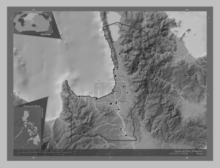 Foto de Agusan del Norte, province of Philippines. Grayscale elevation map with lakes and rivers. Locations and names of major cities of the region. Corner auxiliary location maps - Imagen libre de derechos