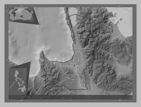 Foto de Agusan del Norte, province of Philippines. Grayscale elevation map with lakes and rivers. Corner auxiliary location maps - Imagen libre de derechos