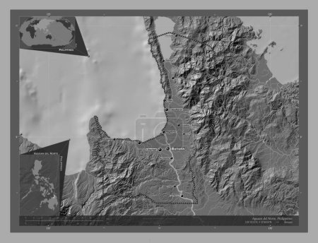 Foto de Agusan del Norte, province of Philippines. Bilevel elevation map with lakes and rivers. Locations and names of major cities of the region. Corner auxiliary location maps - Imagen libre de derechos