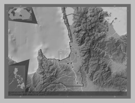 Foto de Agusan del Norte, province of Philippines. Grayscale elevation map with lakes and rivers. Locations of major cities of the region. Corner auxiliary location maps - Imagen libre de derechos