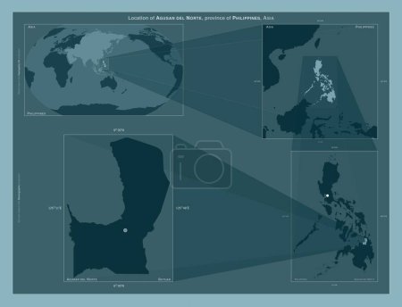 Foto de Agusan del Norte, province of Philippines. Diagram showing the location of the region on larger-scale maps. Composition of vector frames and PNG shapes on a solid background - Imagen libre de derechos