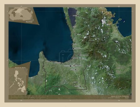 Foto de Agusan del Norte, province of Philippines. High resolution satellite map. Locations and names of major cities of the region. Corner auxiliary location maps - Imagen libre de derechos