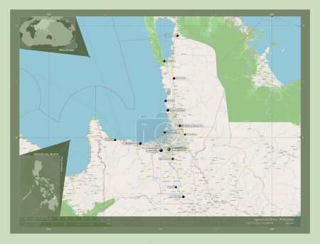 Téléchargez les photos : Agusan del Norte, province of Philippines. Open Street Map. Locations and names of major cities of the region. Corner auxiliary location maps - en image libre de droit