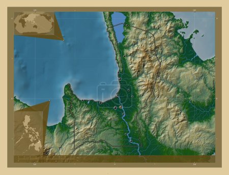 Foto de Agusan del Norte, province of Philippines. Colored elevation map with lakes and rivers. Locations of major cities of the region. Corner auxiliary location maps - Imagen libre de derechos