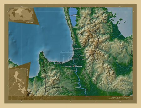 Foto de Agusan del Norte, province of Philippines. Colored elevation map with lakes and rivers. Locations and names of major cities of the region. Corner auxiliary location maps - Imagen libre de derechos