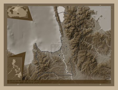 Foto de Agusan del Norte, province of Philippines. Elevation map colored in sepia tones with lakes and rivers. Locations of major cities of the region. Corner auxiliary location maps - Imagen libre de derechos