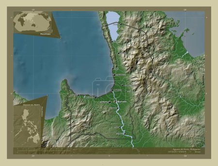 Foto de Agusan del Norte, province of Philippines. Elevation map colored in wiki style with lakes and rivers. Locations and names of major cities of the region. Corner auxiliary location maps - Imagen libre de derechos