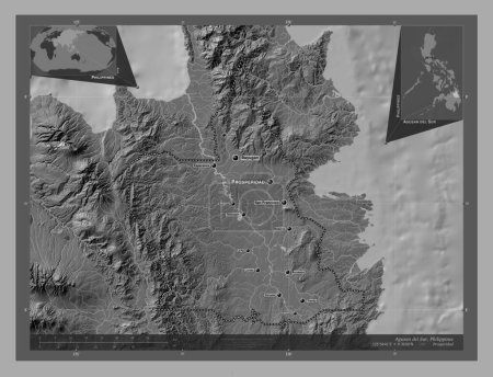 Photo for Agusan del Sur, province of Philippines. Bilevel elevation map with lakes and rivers. Locations and names of major cities of the region. Corner auxiliary location maps - Royalty Free Image