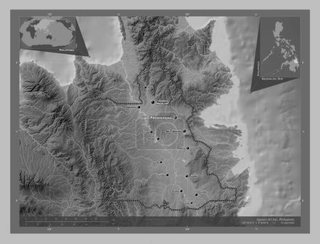 Photo for Agusan del Sur, province of Philippines. Grayscale elevation map with lakes and rivers. Locations and names of major cities of the region. Corner auxiliary location maps - Royalty Free Image