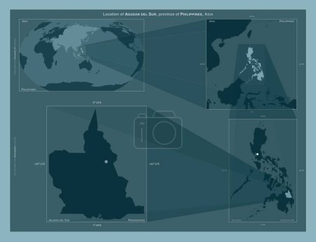 Foto de Agusan del Sur, province of Philippines. Diagram showing the location of the region on larger-scale maps. Composition of vector frames and PNG shapes on a solid background - Imagen libre de derechos