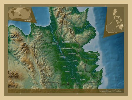 Téléchargez les photos : Agusan del Sur, province of Philippines. Colored elevation map with lakes and rivers. Locations and names of major cities of the region. Corner auxiliary location maps - en image libre de droit