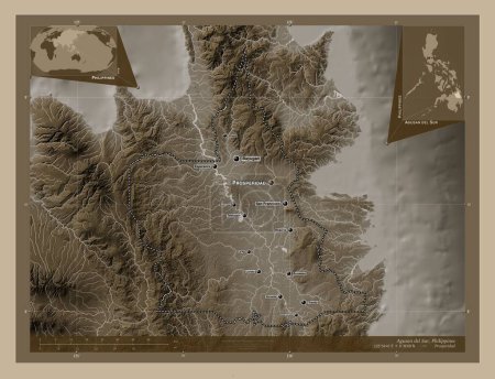 Photo for Agusan del Sur, province of Philippines. Elevation map colored in sepia tones with lakes and rivers. Locations and names of major cities of the region. Corner auxiliary location maps - Royalty Free Image