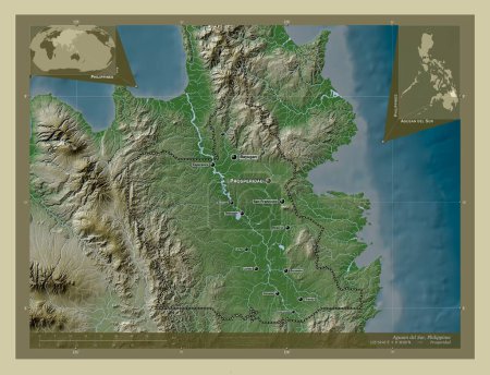 Photo for Agusan del Sur, province of Philippines. Elevation map colored in wiki style with lakes and rivers. Locations and names of major cities of the region. Corner auxiliary location maps - Royalty Free Image