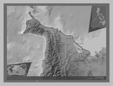 Téléchargez les photos : Aklan, province of Philippines. Grayscale elevation map with lakes and rivers. Locations and names of major cities of the region. Corner auxiliary location maps - en image libre de droit