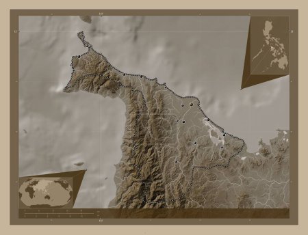 Foto de Aklan, province of Philippines. Elevation map colored in sepia tones with lakes and rivers. Locations of major cities of the region. Corner auxiliary location maps - Imagen libre de derechos