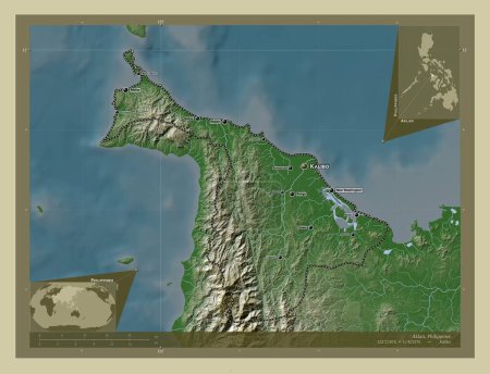 Téléchargez les photos : Aklan, province of Philippines. Elevation map colored in wiki style with lakes and rivers. Locations and names of major cities of the region. Corner auxiliary location maps - en image libre de droit