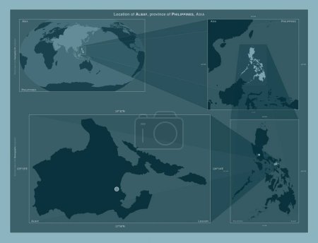 Téléchargez les photos : Albay, province of Philippines. Diagram showing the location of the region on larger-scale maps. Composition of vector frames and PNG shapes on a solid background - en image libre de droit