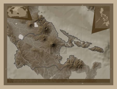 Foto de Albay, province of Philippines. Elevation map colored in sepia tones with lakes and rivers. Corner auxiliary location maps - Imagen libre de derechos